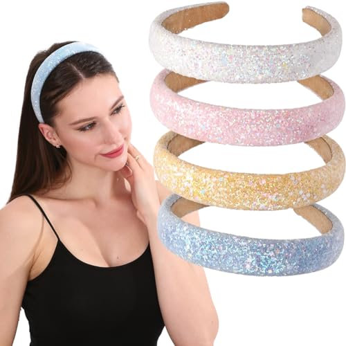 4 PCS Glitter Pailletten Funkelnde harte Stirnbänder für Kinder 1.1-Inch breite gepolsterte Haarbänder (Glitter(Sky blue + yellow + pink + white))