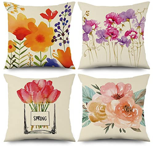ASDCXZ Blume Kissenbezug 40x40 cm 4er Set, Aquarell Blume Grün Blätter Beige Sofa Dekokissen Kissenbezüge Kissenhülle Waschbar Polyester Flachs Textil Outdoor Polster Kopfkissenbezug Kissen Bezug
