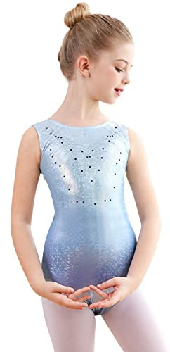 Monbessi Body Ginnastica Artistica Bambina Body da Balletto per Ragazze Body Ginnastica Ritmica Bambina Scintillante Collo Rotondo 5-12 Anni(140, Blu-Senza Maniche)