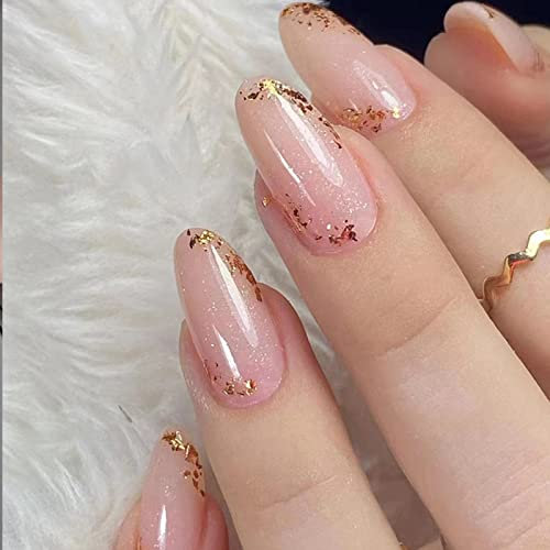 24 Stück Press on Nails Mandel Kurz, Rosa Gold Glitzer Künstliche Nägel mit Design, Oval Kunstnägel Nägel Zum Aufkleben Glossy Acryl Fingernägel Fake Nails für Frauen Mädchen