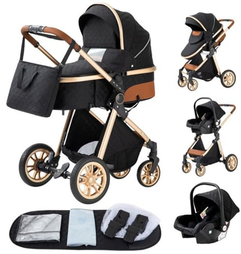 YAZOCO kinderwagen 3 in 1 Buggy Babybett Komplett Set Einem Klick Zusammenklappbarer Kinderwagen, KombiKinderwagen Aluminiumrahmen für Neugeborene Sitzzubehör (4 schwarz)