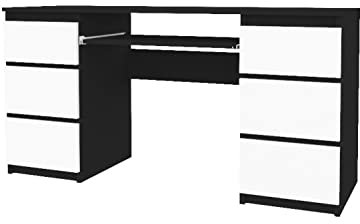 VBChome Schreibtisch 130 x 50 x 76,5 cm Schwarz - Weiß Matt Schreibtisch mit 6 Schubladen Bürotisch Computertisch Arbeitstisch PC-Tisch