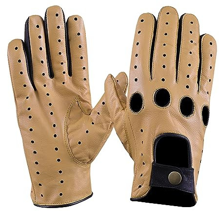 NORMAN Herren Leder Vintage Retro Stil Chauffeur Fahrhandschuhe Schafe Leder Handschuhe, HELLBRAUNE LÖCHER, L