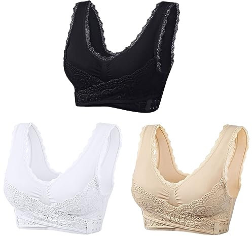 AMhomely 3PC Womens Sports Bra Ladies Bras Front Cross Side Buckle Push Up Bra Sexy Lace Bralette Wireless Yoga Running Lounge Bra Lift Up Bra Non Wired Bras for Women, 016 Black + Beige + White