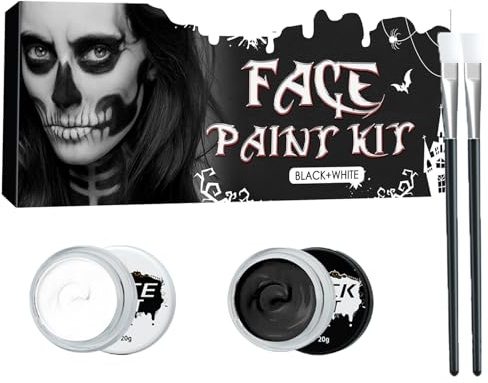 Pinturas Corporales Blanco y Negro,Maquillaje Halloween Blanco,Pintura Facial y Corporal Blanco Negro,Kit de Pintura Corporal de Cara en Blanco y Negro,Pintura Facial de Payaso con Pincel Maquillaje