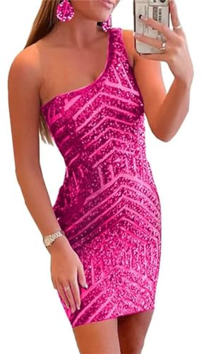 KURFACE Una spalla Homecoming abiti per adolescenti corto stretto scintillante paillettes Prom Party Dress WSX394, Fucsia, 44
