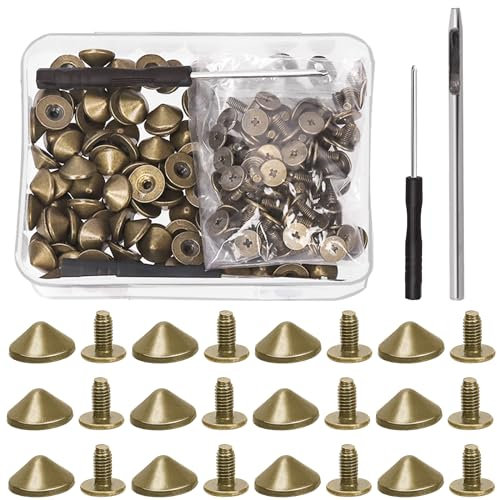 Tanstic 100 set (202 pezzi) di punte e borchie a cono in bronzo, 10 x 4,7 mm, punte in metallo e borchie a cono, borchie a vite con strumenti di installazione per artigianato in pelle