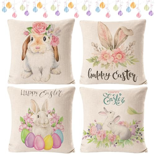 4 Stück Kissenbezüge Ostern,45 x 45 cm Osterdeko Leinen Kissenhülle,Osterdeko Modern Kissenbezug Baumwolle Leinen Ostereier Häschen Kissenhülle,Ostern Hase Sofa Kissen für Ostern Haus Dekoration