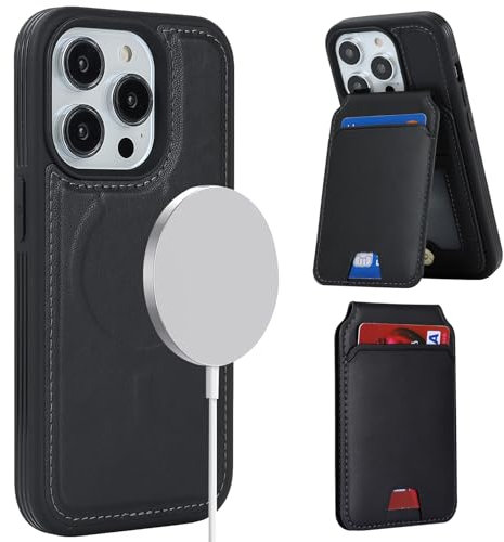 ELTEKER Hülle für iPhone 15 Pro Max Handyhülle mit Kartenfach Magsafe Wallet Kartenhalter kreditkartenetui mit Ständer,Leder Klapphülle Schutzhülle für iPhone 15 Pro Max-Schwarz