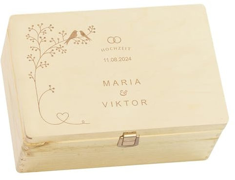 LAUBLUST Personalisierte Hochzeitskiste Erinnerung - Geschenkkiste Hochzeit mit Gravur - Vogel-Pärchen | Personalisierte Geschenke für Brautpaar - FSC® (Natur mit Verschluss, ca. 30 x 20 x 14 cm | M)