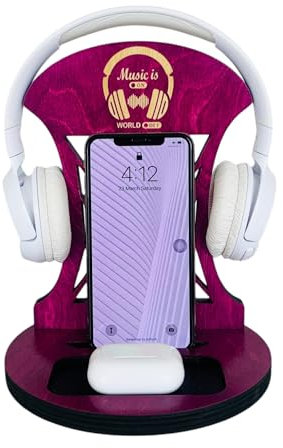 Venocci Wooden Headphones Stand for Desk, Headset Holder with Phone Stand, Organizer for Music Lover Girls, Compatible with Airpods Max, Sony, Beats, JBL and More, Gift for Teenage Girl - Purple