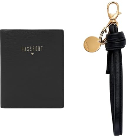 Fossil Women's Travel Passport Case and Keychain, Black Leather, Set