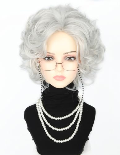 LeMarnia Silbergrau Alte Dame Perücke Set Oma Perücke Halloween Kostüm Perücke