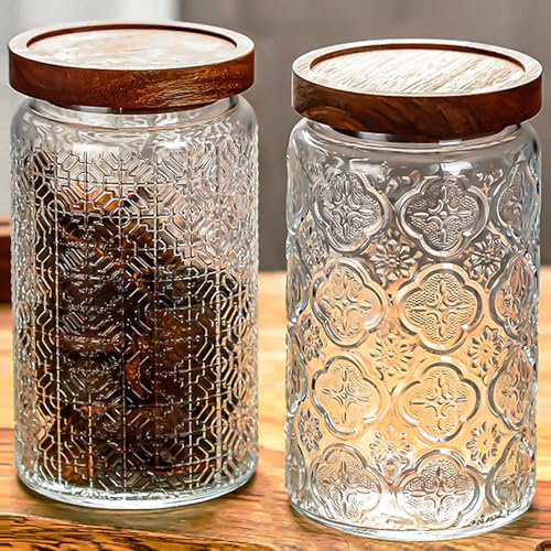 DXQCHDUO Vintage-Glasbehälter, 964 ml, 2 Stück, Vorratsdosen aus Glas mit luftdichtem Bambus-Holzdeckel, Lebensmittelbehälter für Küche, Theke, Speisekammer, Kaffeebohnen, Tee, Hafer, Süßigkeiten