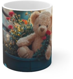 Teddy Bear in Plant Pot with Flowers Coffee and Tea Mug