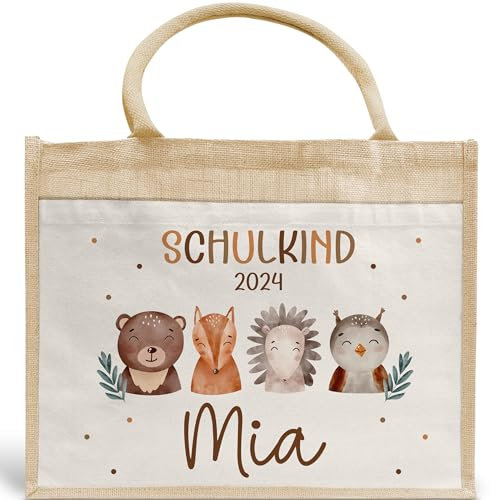Schulkind 2024 Tasche, Zoo, Löwe Giraffe, Elefant, Schultasche, Rakete, UFO - Geschenk Einschulung, personalisierte Jutetasche, Einschulungsgeschenk (Waldtiere)