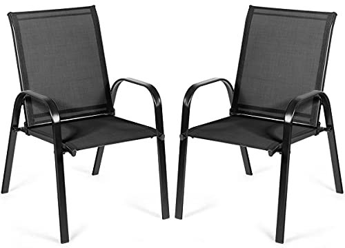 GOPLUS Gartenstühle 2er Set, Bistrostuhl mit Rückenlehne & Armlehne, Balkonstuhl aus Metall bis 200 kg belastbar, Essstuhl Outdoor für Garten Terrassen Garten Balkon Pool (Schwarz)