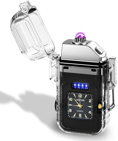 GOMETY Elektrisch Feuerzeug, Elektrisches Lichtbogen Feuerzeug USB Aufladbar mit Uhr und COB-Beleuchtung Sturmfeuerzeug Winddichte für Männe Geschenke Festivals Geburtstage Küche Kerzen Camping