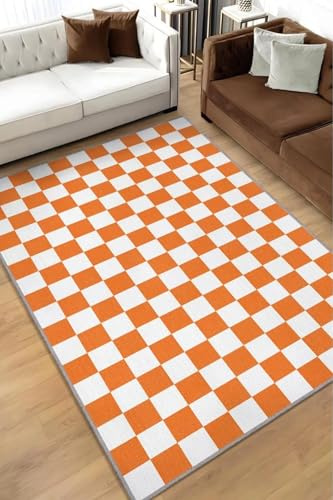 Konfor Halı Retro Minimalist Karo Teppich, Weich, Anti-Rutsch, Baumwolle Basis, Waschbar, Ideal für Wohnzimmer, Schlafzimmer, Küche, 160x240cm, Orange