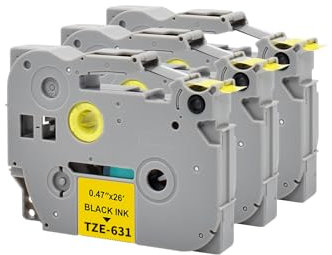 3 x Veson Kompatibel mit TZe-631 tze631 tz-631 tz631 Brother P-Touch Bänder 12mm x 8m Laminiertes Schriftband für PT-1000 1010 1080 PT-H105 PT-E110 PT-P300BT PT-H100LB PT-H100R - Schwarz auf Gelb