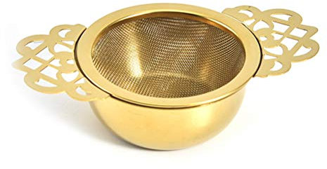 HAOHIZE Teesieb für losen Tee, Teesieb für Tasse Feinmaschiger Kaffeefilter Edelstahl mit Doppeltem Griff, Abtropfschale, Tee Siebkörbchen, Korbfilter für Teekanne, Thermoskanne (Gold)