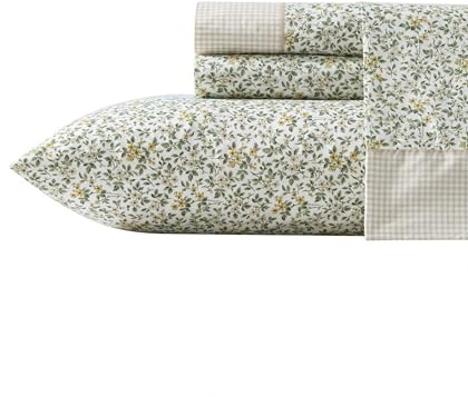 Laura Ashley - King Sheet Set, Breathable Percale Cotton Bedding with Deep Pockets, Chic Home Decor, Oeko-Tex Certified (Tierney Green, King)