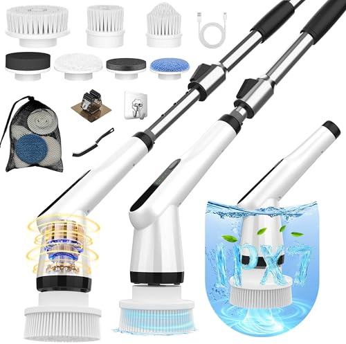 Electric Spin Scrubber, Dreazu IPX7 10-in-1 Bathroom Scrubber， Retractable Handle, 2-Speed Adjustable Shower Cleaner Brush for Bathroom, Bathtub, Kitchen, Tile Floors-White