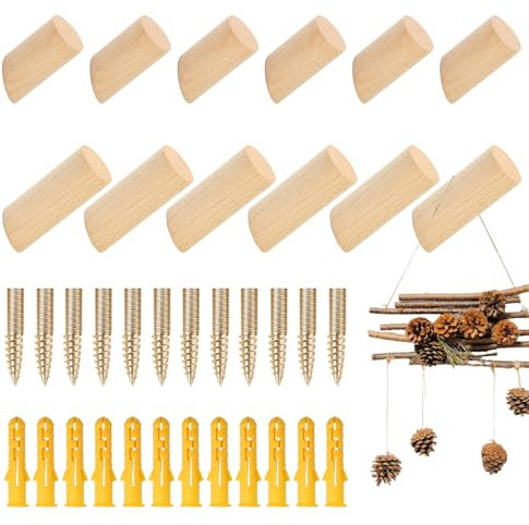 Omtofo 12 Ganci Appendiabiti Da Parete In Legno Di Faggio Naturale, Appendiabiti Da Parete Cilindrici 6 cm In Legno, Con Viti Incluse, Per Vestiti, Sciarpe, Cappelli, Borse (6/8cm sei ciascuno)