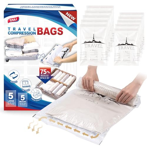 TAILI Vakuumbeutel für Kleidung Reise 12 Stück in 2 Größen 70 x 45 CM, 60 x 40 CM Vakuumbeutel Set Reise Wiederverwendbar und Leicht zu Tragen Vakuumierbeutel für Rucksack zum Rollen