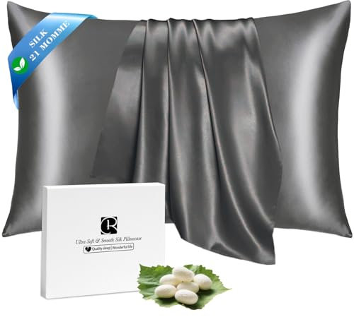 Silk Pillowcase for Hair and Skin with Hidden Zipper, Ravmix Both Sides Mulberry Cooling Silk Pillow Case 50×66cm, 1PCS, Gift for Women Men, Dark Grey