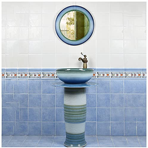 GLJTUO Badezimmerwaschbecken, Bodenstehend, Standwaschbecken – Standwaschbecken Aus Keramik Im Retro-Industriestil, Leicht Zu Reinigendes Bodenstehendes Waschbecken (Blau Mit S(Blue with Mirror)