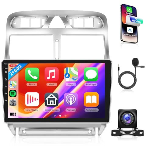2G+64G Inalámbrico Carplay Android Radio de Coche 2 DIN para Peugeot 307/307CC/307SW 2002-2013 9 Pulgadas Radio Coche con Android Auto Navi GPS WiFi Mirror Link Bluetooth FM/RDS/EQ/SWC Cámara Trasera