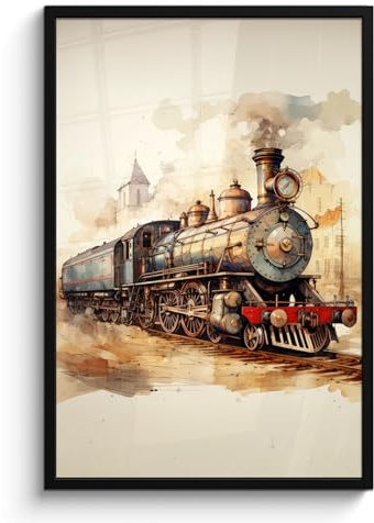 MuchoWow© Wandbilder mit Rahmen Wanddeko Bilder Wohnzimmer Moderne | 60x90 cm - Zimmerdeko Geschenk Bilderrahmen Vintage - Zug - Gleis - Gebäude - Beige