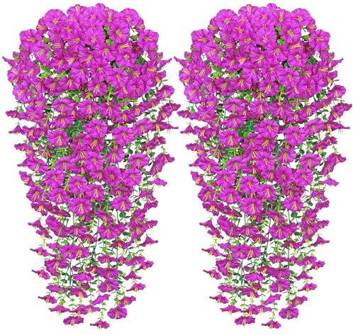 Weldomcor 2 flores artificiales colgantes largas artificiales de gloria de la mañana, color fucsia, resistentes a los rayos UV, plantas colgantes artificiales, cesta de glicinia artificial para