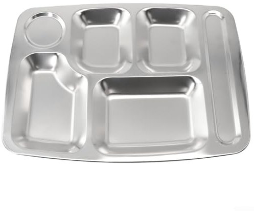 Stainless Steel Divided Dinner Plate Large Rectangular Food Tray With 6 Compartments For Home School Office Cafeteria