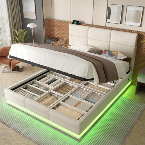 Polsterbett Doppelbett 180x200, LED Jugendbett Hydraulisches Stauraumbett mit Stauraum&USB Ladefunktion, Funktionsbett Bettgestell mit Höhenverstellbarem Kopfteil&Lattenrost, Samt, Ohne Matratze,Beige
