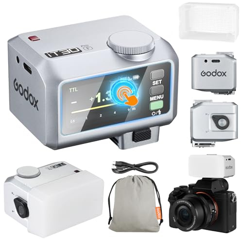 Godox iT30Pro-F iT30Pro F Mini KameraBlitz mit Weißem Diffusor Speedlite Camera Flash 560 Blitze bei Voller Wireless Master & Receiver Leistung 2.4G TTL Touchscreen für Fuji Kamera DSLR(Silber)