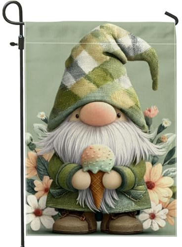 Gartenzwerg für Frühling und Sommer, grüne Eiscreme-Figur, Blumenmuster, Outdoor-Dekoration, Banner, doppelseitige Jute-Hofflagge, Urlaub, Party, Rasen-Dekoration, 30,5 x 45,7 cm