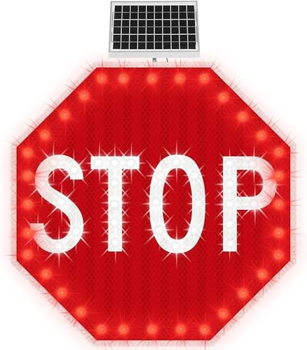 RVUEM 30 Solar Powered LED Blinking Stop Sign, MUTCD Compliant R1-1 Aluminum Octagon Reflective LED Flashing Street Metal Sign, Heavy Duty, Rust-proof Metal Frame