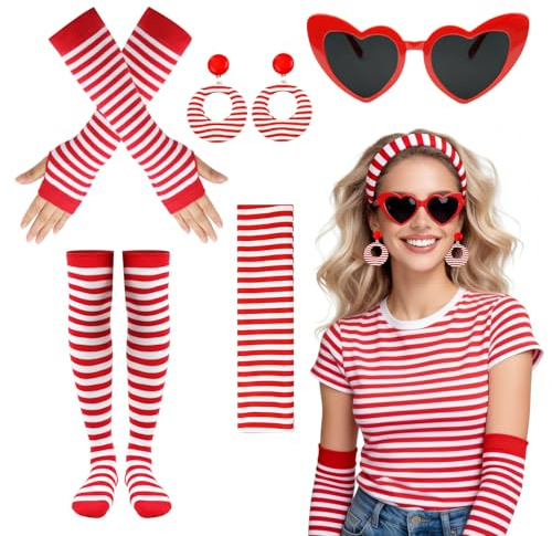 NebulaGlam Haarreif Rot Weiss, Köln Karneval Rot Weiß Kostüm Accessoires, Haarreif Rot Weiß Gestreift Ohrringe Handschuhe Strümpfe Brille Faschingskostüme