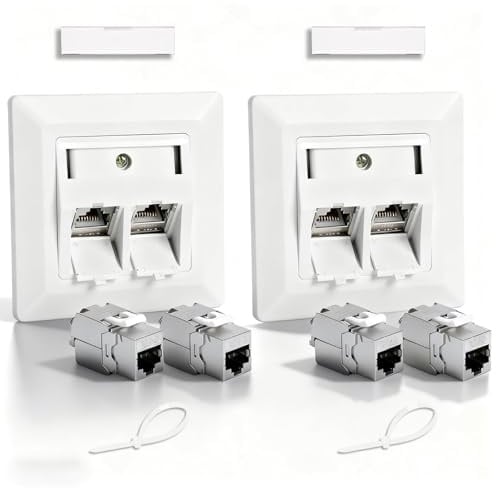 2 x 2-Port CAT 7 Netzwerkdose Unterputz + 4 x CAT 7 Keystone RJ45 Modul | CAT Netzwerk Verlegekabel Vollgeschirmt,Weiß Unterputzdosen,Glasfaser Dose aufputz,Netzwerkdose Aufputz