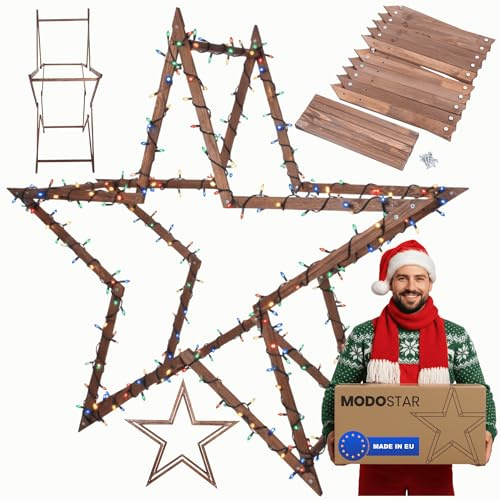 MODO24 DIY Stern MODOSTAR 3D Weihnachtsstern Set aus FSC Holz, Sternabmessungen: 189 cm, zum Aufstellen im Garten & Terrasse, wetterfest, faltbar & stabil, Weihnachtsdeko, Farbe: Braun imprägniert