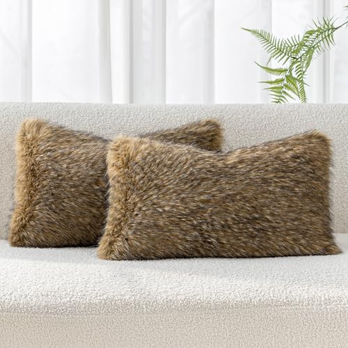 MOOX Faux Fur Pillow Covers 12x20 Inch Set of 2, Faux Raccoon Fur Textured Decorative Lumbar Throw Pillow Covers, Soft Plush Fluffy Cushion Case for Couch Bed Living Room Pillowcases, Tawny