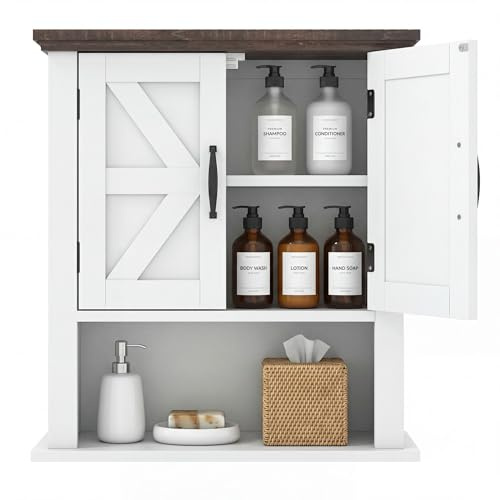 GIANTEX Hängeschrank, Medizinschrank mit verstellbarem Regal & offenem Fach, Hängender Schrank in Bauernstil, Wandschrank für Wohnzimmer, Küche & Flur, 55 x 19 x 60 cm (Weiß)