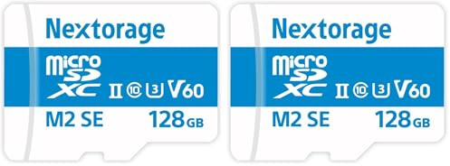Nextorage Carte Micro SD UHS-II de Fabricant Japonais 128 Go microSDXC U3 V60 - Vitesse de Lecture maximale : 280 Mo/s - Vitesse d'écriture maximale : 100 Mo/s - Carte microSD NX-M2SE128G (Lot de 2)