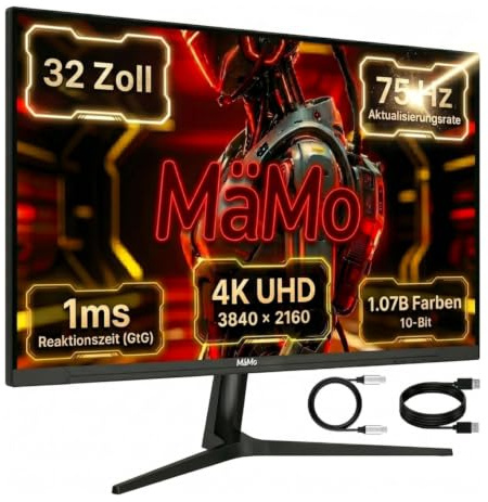 MäMo Monitor Gaming 65W USB-C: 32 4K IPS 75Hz | Pannello IPS da 32 pollici 4K UHD (3840 x 2160). 75Hz, 1ms, 95% DCI-P3. HDMI 2.1, DP 1.4, RGB, regolabile in altezza.