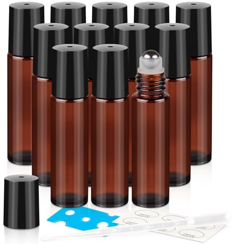 ZEJIA 10ml Roller Bottles 12Pack Amber Thick Glass Essential Oil Roller Bottles Stainless Steel Roller Ball with 2 Droppers