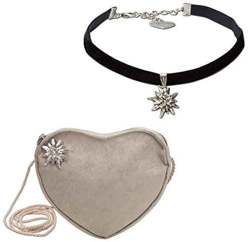 Alpenflüstern Trachtenset Trachten-Samt-Kropfband und Herztasche Strass-Edelweiß - Damen-Trachten-Schmuck und Trachtentasche, elastische Trachtenkette und Dirndltasche (taupe-braun) SET034