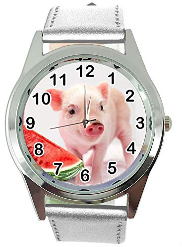 TAPORT® Armbanduhr Analog Quarz mit Echtleder Band Silber rund für Ferkel Babe Fans