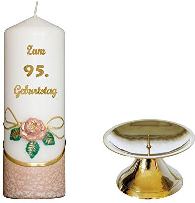 Meissner-Handel Kerze 'Zum 95. Geburtstag' - Terracotta mit farbigen Wachsauflagen - inkl. Messing Kerzenständer - unparfümiert - Motiv 1 m. Ständer